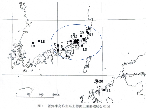 朝鮮半島弥生系土器出土主要遺跡分布図