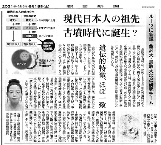 朝日新聞記事「現代日本人の祖先　古墳時代に誕生？（2021/09/18）」